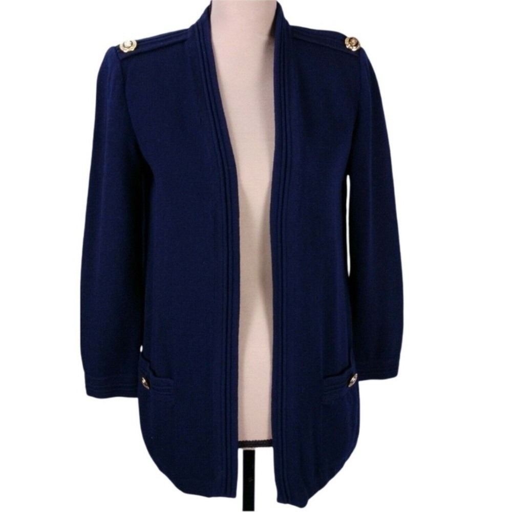 St John Santana Knit Jacket Size S Navy Open Front Cardigan Epaulettes shoulder‎